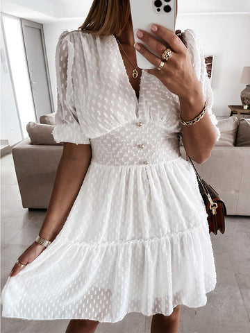 Woochic mini-robe à pois à volantée boutons décolleté plongeant manches bouffantes manches courtes casual doux plage Blanche S